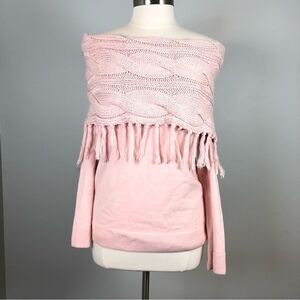 New York & Co Cable Off Shoulder Sweater Metallic Fibers & Fringe Details